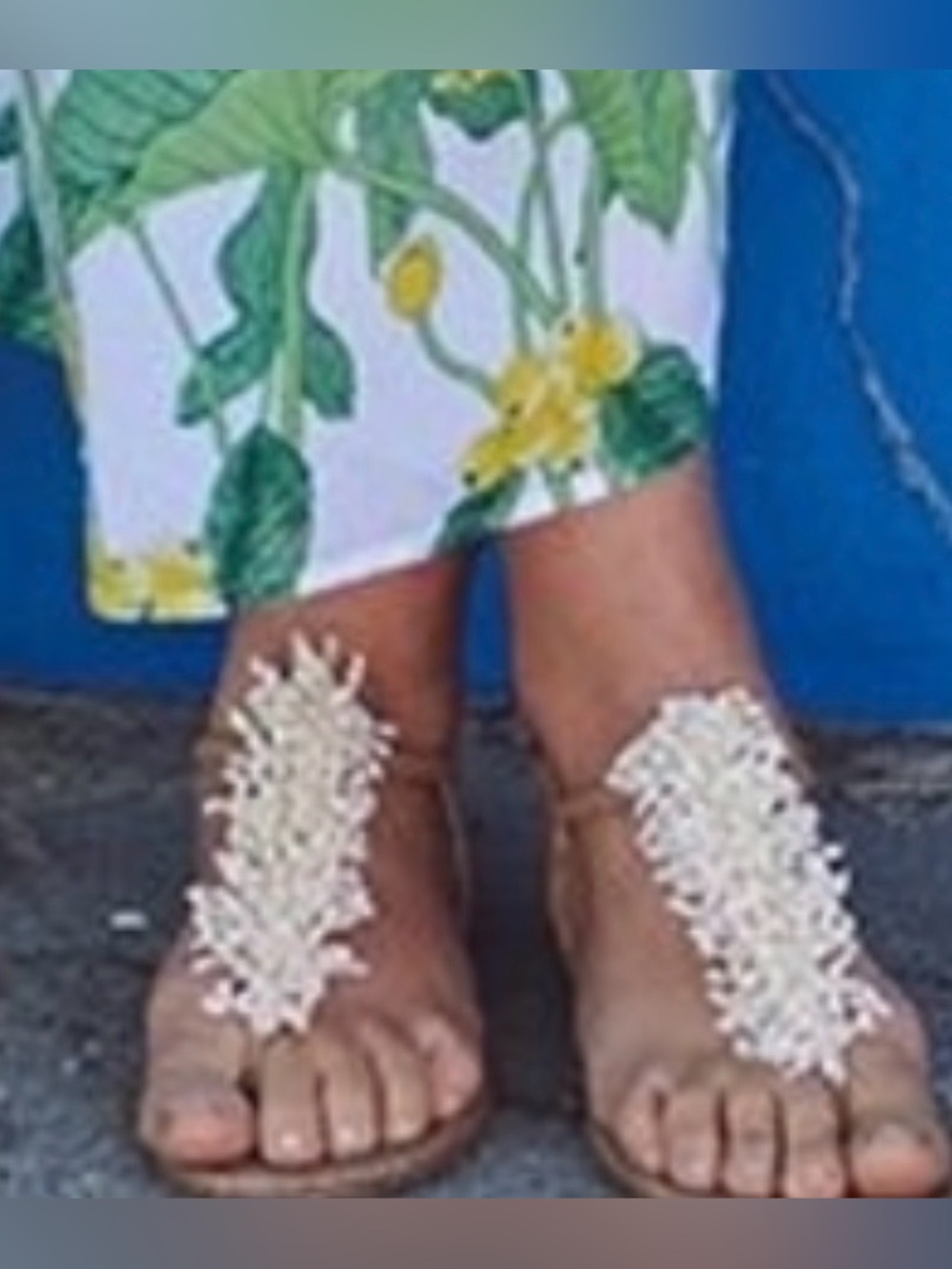 J. McLaughlin Beige Tan Sandal with Ivory Beaded Embellishment